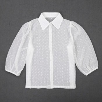 Women Mesh Sheer Blouse See-through Long Sleeve Top Shirt Blouse Fashion Pearl Button Transparent White Shirt Female Blusas